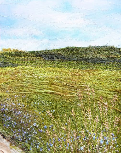 a painting of a grassy field with blue flowers