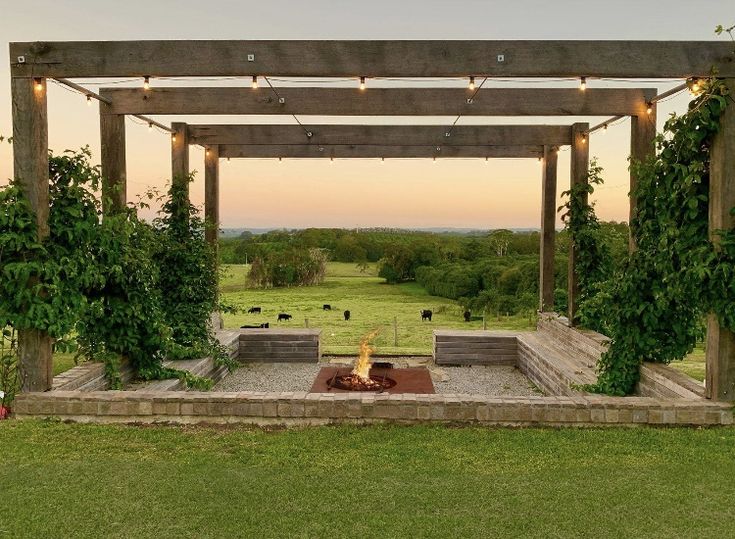 an outdoor fire pit surrounded by greenery and lights in the evening sun, with cows grazing in the distance