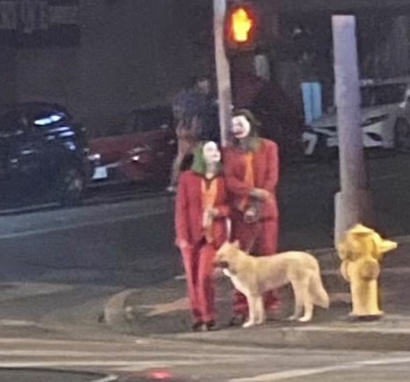 two clowns are standing next to a dog on the street at an intersection in front of a yellow fire hydrant