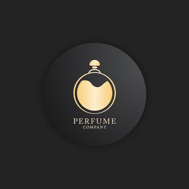 the perfume company logo is shown on a black background with gold trimmings and a round