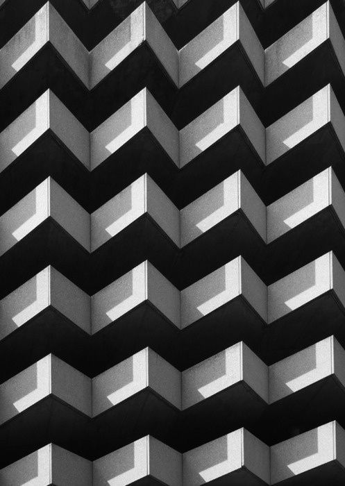 black and white photograph of an abstract building