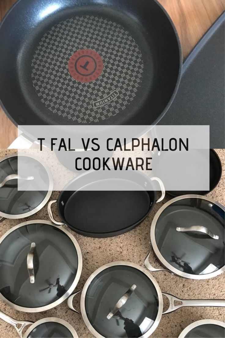 several pots and pans sitting on top of a counter next to the words, fal vs caphelon cookware