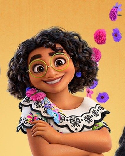 an animated character is smiling and posing for the camera with her arms crossed, in front of flowers