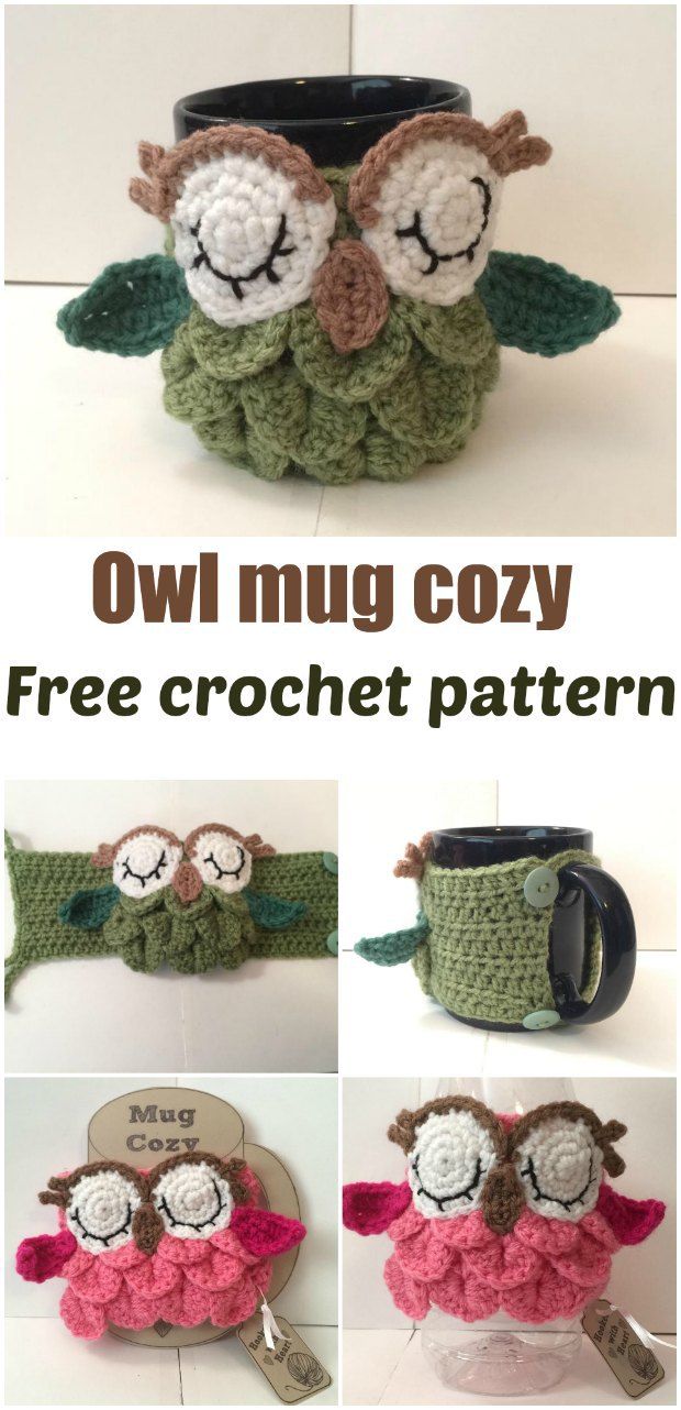 crocheted owl mug cozy pattern with instructions to make it in the shape of an owl