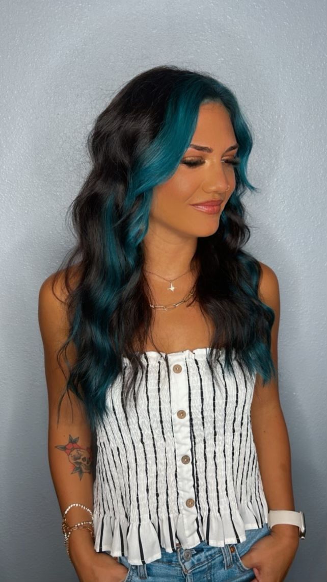 Peacock Hair Color Peekaboo Dark, Dark Hair Blue Money Piece, Fashion Color Underneath Hair, Black With Blue Money Piece, Brown Hair With Colorful Money Piece, Teal Halo Hair, Dark Teal Money Piece Hair, Colored Money Piece Hair Brunette, Teal Underdye Hair