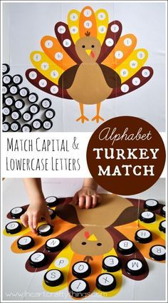 a turkey themed activity for kids to do with the numbers and letters that are on top of