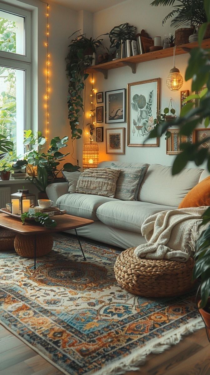 a living room filled with furniture and lots of plants