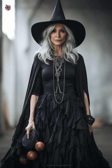 an older woman wearing a black witch costume