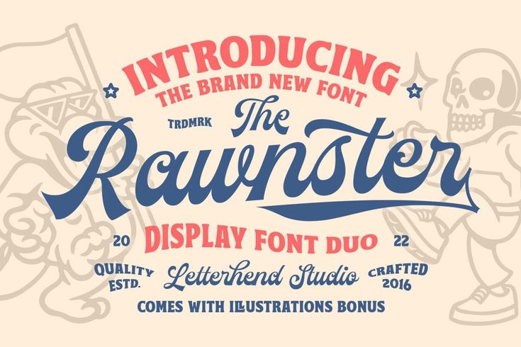 The Rawnster Font Duo - With Bonus, Retro Font, Cartoon Font, Baseball Font, Vintage Font, 60s, 70s, 50s, Signage Font, Sport Font, Baseball Font, Old Fashioned Fonts, Hipster Fonts, Adobe Apps, T Shirt Illustration, Script Fonts Design, Cards Packaging, Sports Fonts, Fashion Make Up