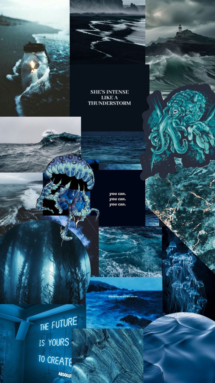 the collage shows an ocean scene with blue and black colors, waves, and clouds