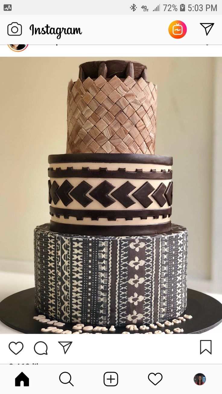 three tiered cake decorated with woven and leather