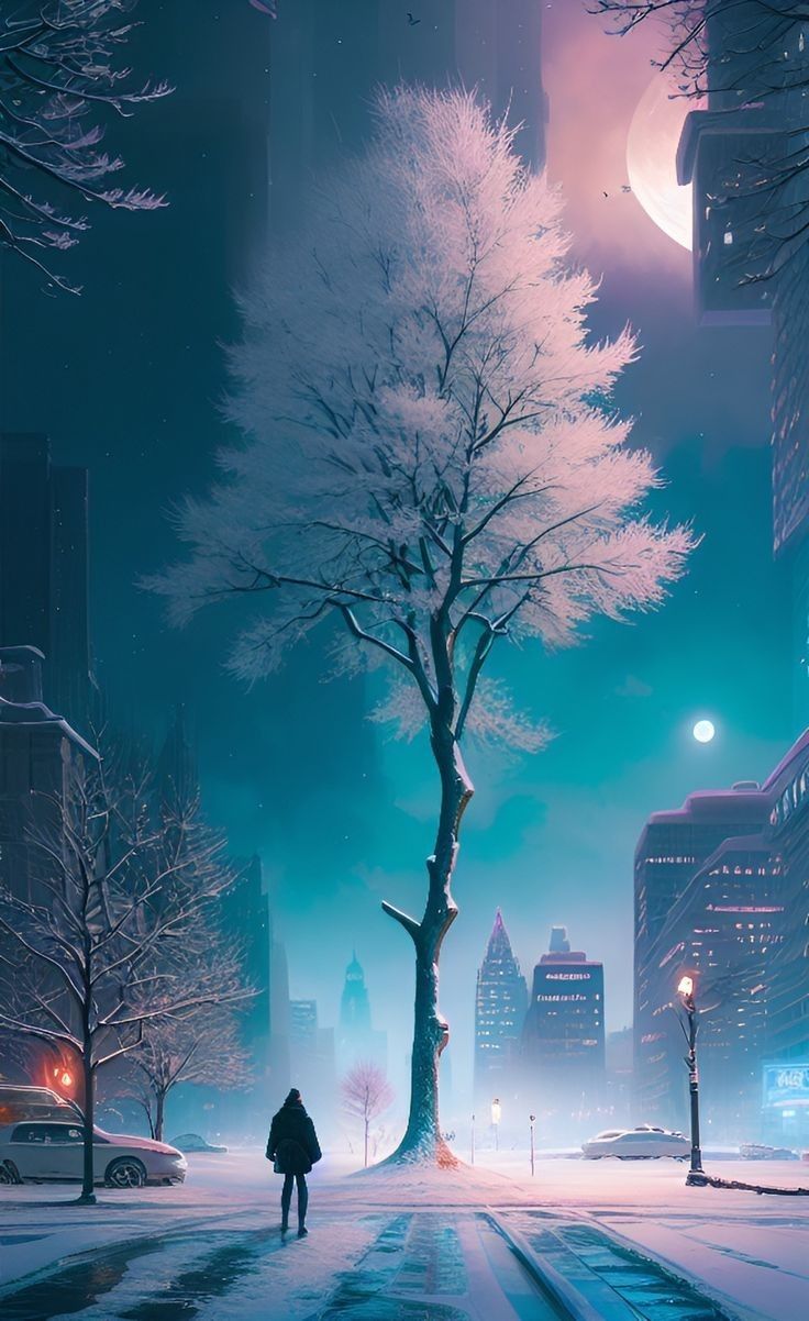 a man walking down a snow covered street next to a tall tree in the middle of a city