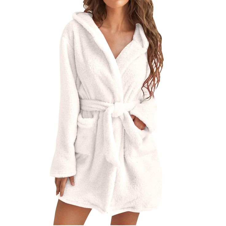 PRICES MAY VARY. 【Material】This thick plush robe is made of wool fabric, which is soft, warm, skin-friendly and lightweight. 【Function】Two front patch pockets allow you to store your phone, remote control or other essentials and are warm enough for your hands. 【Closing】Each bathrobe comes with an adjustable waistband that helps to securely close the bathrobe from the front. closure 【Design】The bathrobe is soft and fluffy and can be worn all day; This bathrobe features a classic design with a hoo Winter Robes, Soft Robes, Hooded Robe, Pajama Robe, Womens Robes, Womens Fleece, Womens Loungewear, Clothing Size Chart, Womens Clothing Sizes