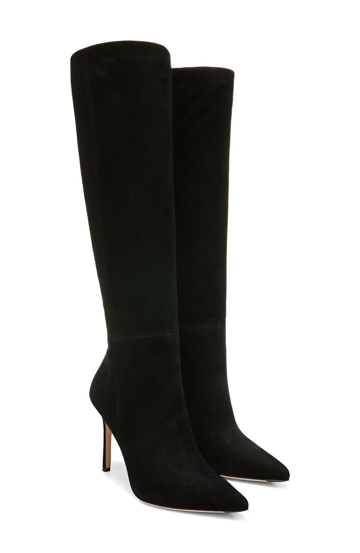 Striking with a straightforward elegance, this knee-high boot is a simple yet bold addition to any of your looks. 3 3/4" (95mm) heel 15 1/2" shaft; 15" regular calf circumference 15 1/2" shaft; 16" wide calf circumference Leather upper, lining, and sole Imported Leather Working Group certified This product meets Nordstrom Responsible Sourcing and Manufacturing criteria: made with practices that meet higher environmental or social standards Elegant Tall Knee-high Boots For Workwear, Classic Fitted Suede Knee-high Boots, Elegant High Shaft Suede Boots, Elegant Tall Suede Heeled Boots, Classic High Shaft Knee-high Boots For Work, Elegant Knee-high Heeled Boots With Suede Lining, Elegant Knee-high Boots With Suede Lining, Classic Black Knee-high Boots With High Shaft, Elegant Tall Black Boots