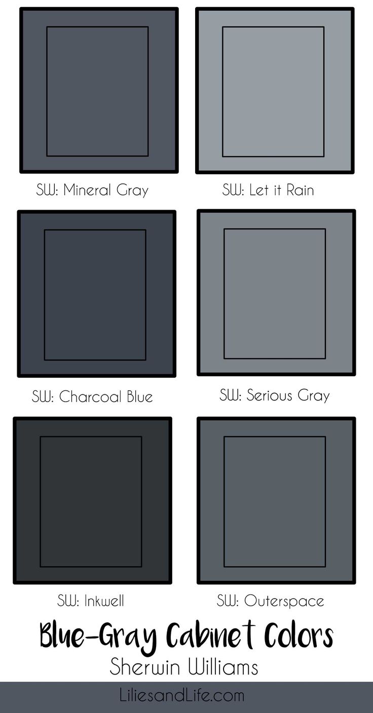 the blue gray cabinet colors are shown in different sizes and shapes, along with their names