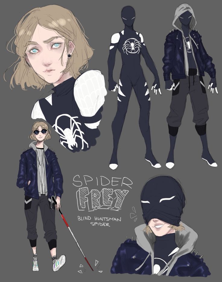 some character designs for spider - man and his friends in their own outfits, including the hood