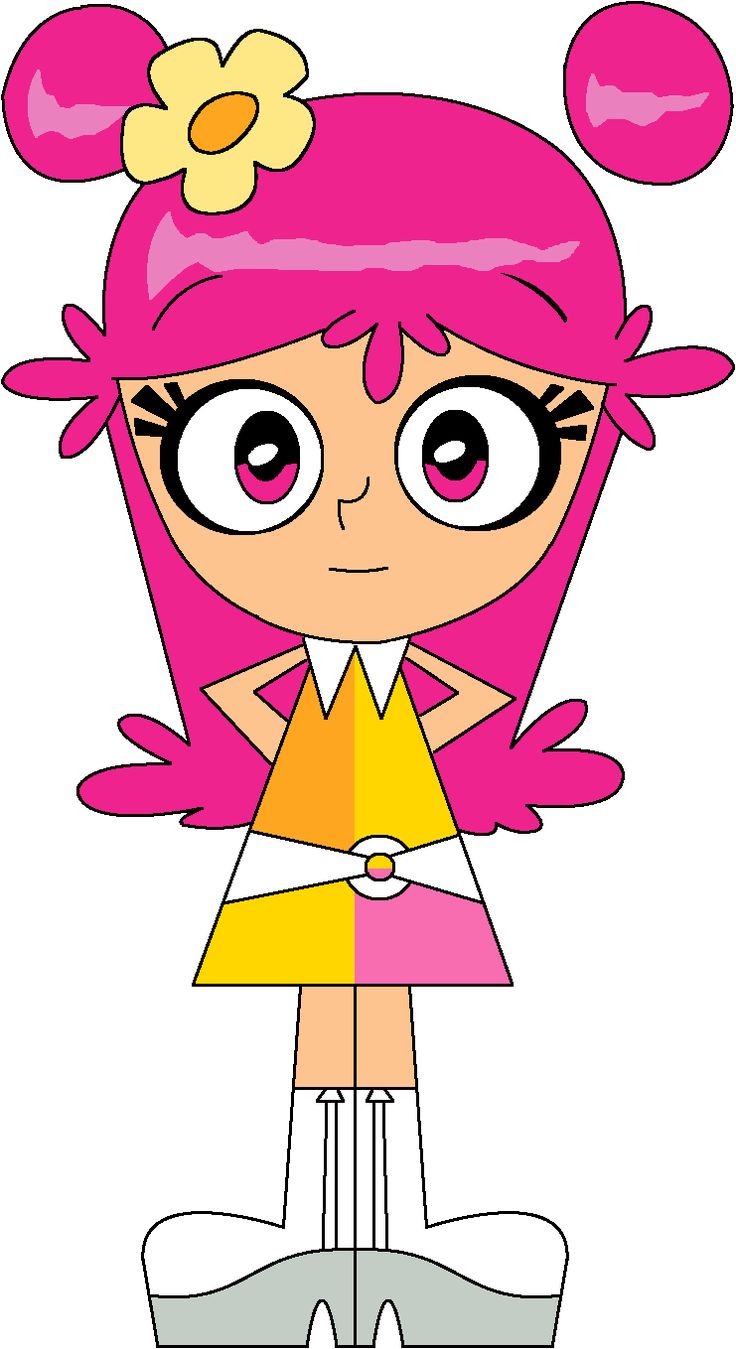 a cartoon girl with pink hair and big eyes standing in front of a pink background