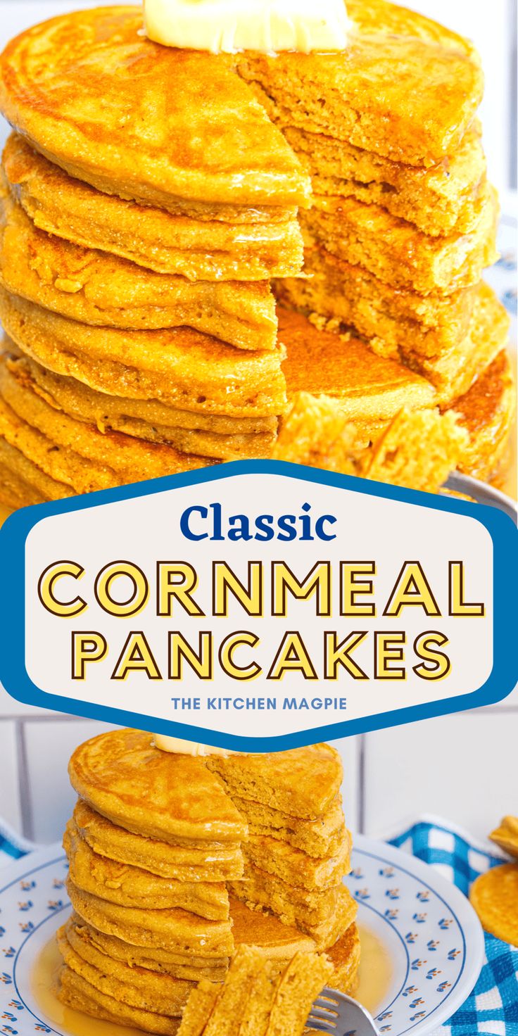 a stack of cornmeal pancakes sitting on top of a blue and white plate