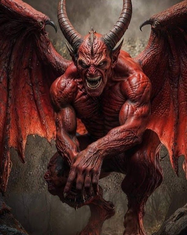 a demonic demon with large horns and huge fangs on his face, sitting in the middle of