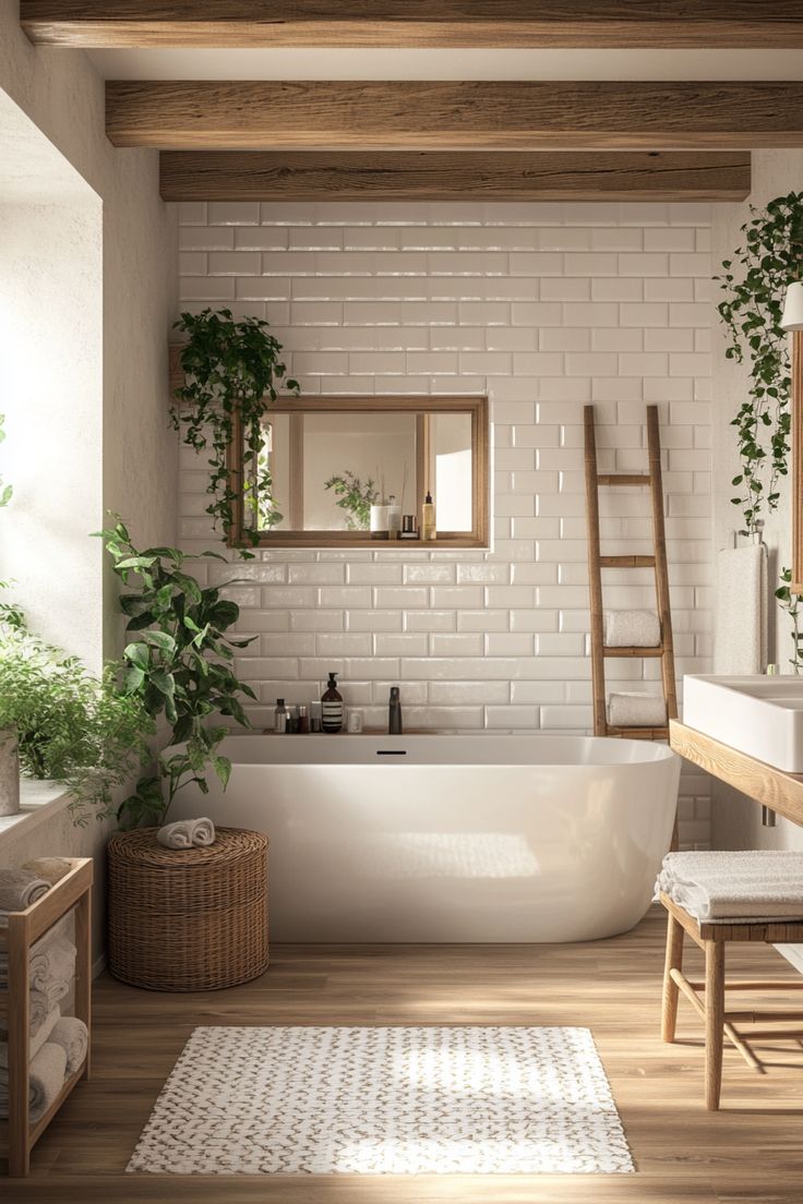 a bathroom with white brick walls and wooden flooring is shown in this image, there is a ladder leaning against the bathtub