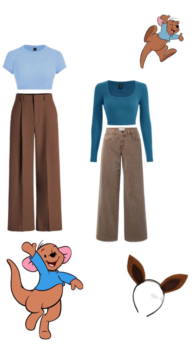 three different outfits including a blue shirt, brown pants and a cartoon character with ears