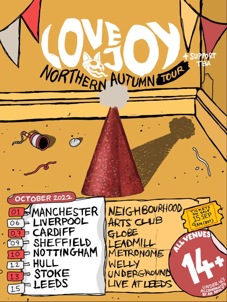 the poster for lovejoy's northern autumn tour is shown in red and white