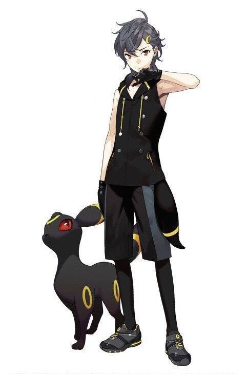 an anime character standing next to a black dog