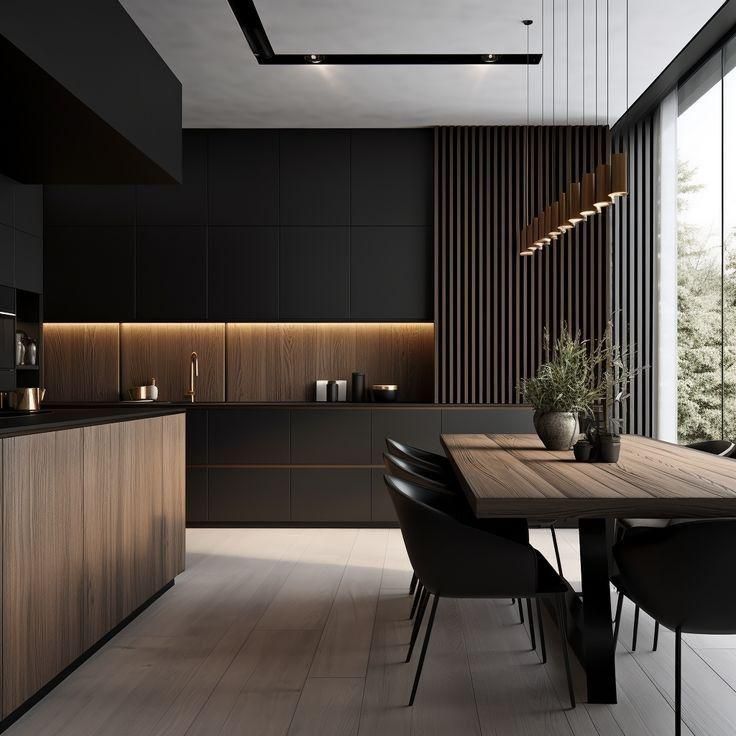 a modern kitchen with black and wood accents