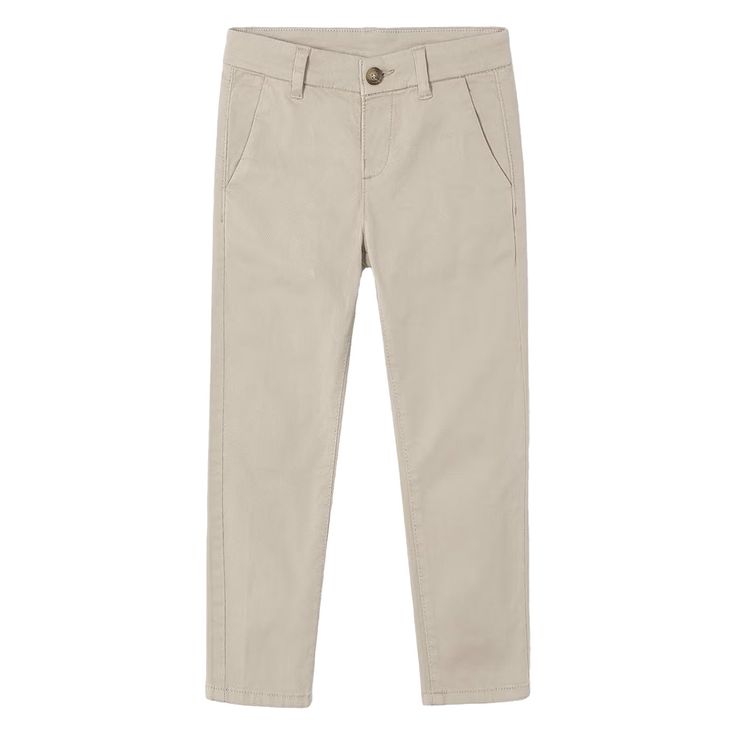 Beige slim-fitting chinos made in smooth cotton twill, with added stretch for comfort. They have slanted front pockets and buttoned back pockets, with an adjustable waist for an ideal fit. 98% cotton, 2% elastane. Slim Fit Chinos With Pockets, Straight Fit Cotton Work Trousers, Straight Fit Chinos With Pockets, Fitted Cotton Cargo Pants For Business Casual, Spring Ankle-length Chinos For Everyday, Everyday Ankle-length Chinos For Spring, Straight Leg Chinos With Button Closure For Business Casual, Business Casual Straight Leg Chinos With Button Closure, Business Casual Chino Cotton Twill Jeans With Welt Pockets