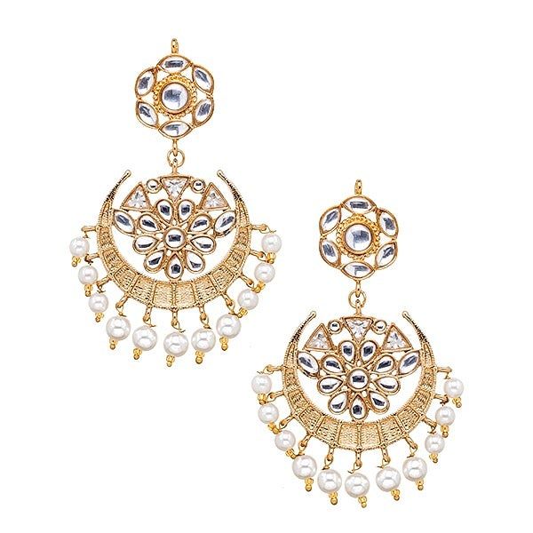 Love India by Blossom Box's Starburst Pearly Earrings comes in a gold plated finish with stunning polki stones & pearls to make these exquisite earrings really special - this pair are light in weight & can be paired with almost any outfit. Perfect accessory for every jewelry box! Handcrafted Metal: Metal Alloy, Gold Plated Stone: Polki Stones & Pearls Size: Length: 2.5" Width: 2.75" Closure: Post for Pieced Ears Festive Gold Plated Pearl Earrings For Pierced Ears, Festive Gold Jeweled Chandelier Earrings, Bollywood Style Gold Pearl Earrings For Pierced Ears, Gold Chandbali Earrings With Jewels, Gold Jeweled Chandbali Pearl Earrings, Gold Jeweled Pearl Earrings, Festive Pearl Drop Earrings In Metal, Bollywood Style Gold Jeweled Bridal Earrings, Gold Bollywood Style Bridal Earrings Jeweled