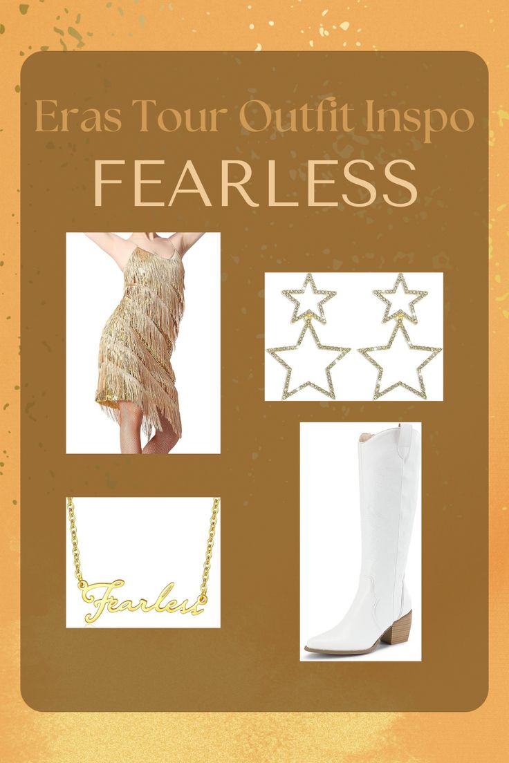 an advertisement for a fashion show featuring white boots and fringes, with gold lettering