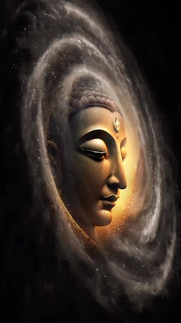 an artistic painting of a buddha head in the center of a swirling swirl around it