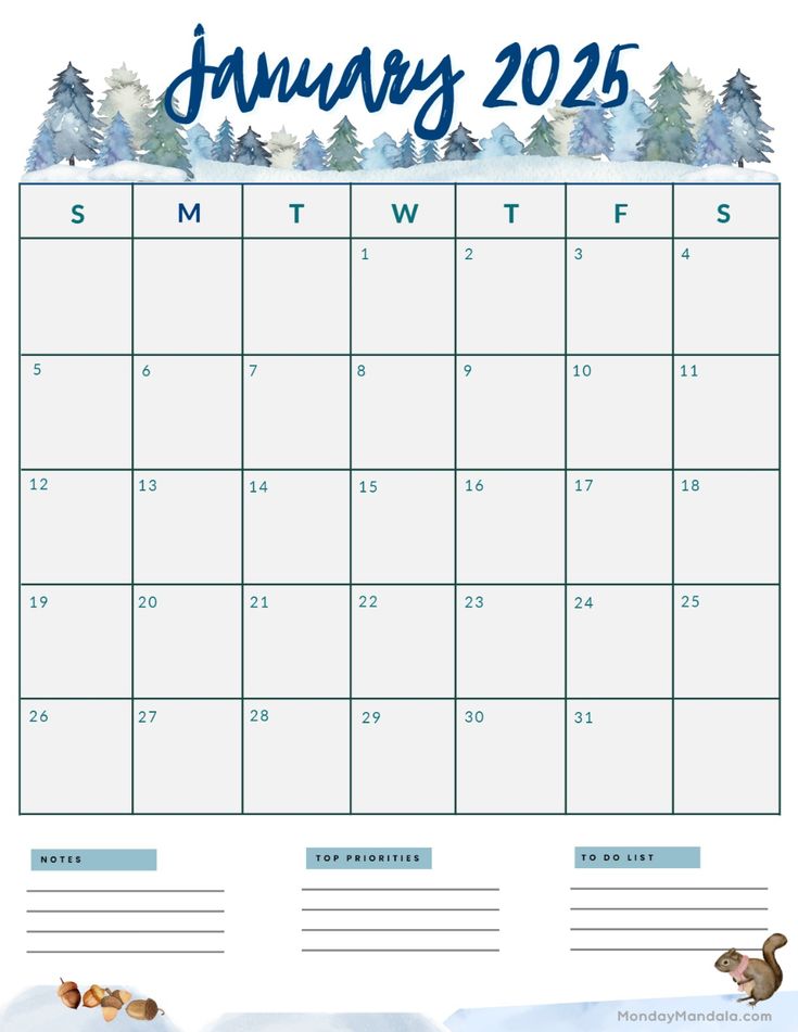 the january calendar with animals and trees on it