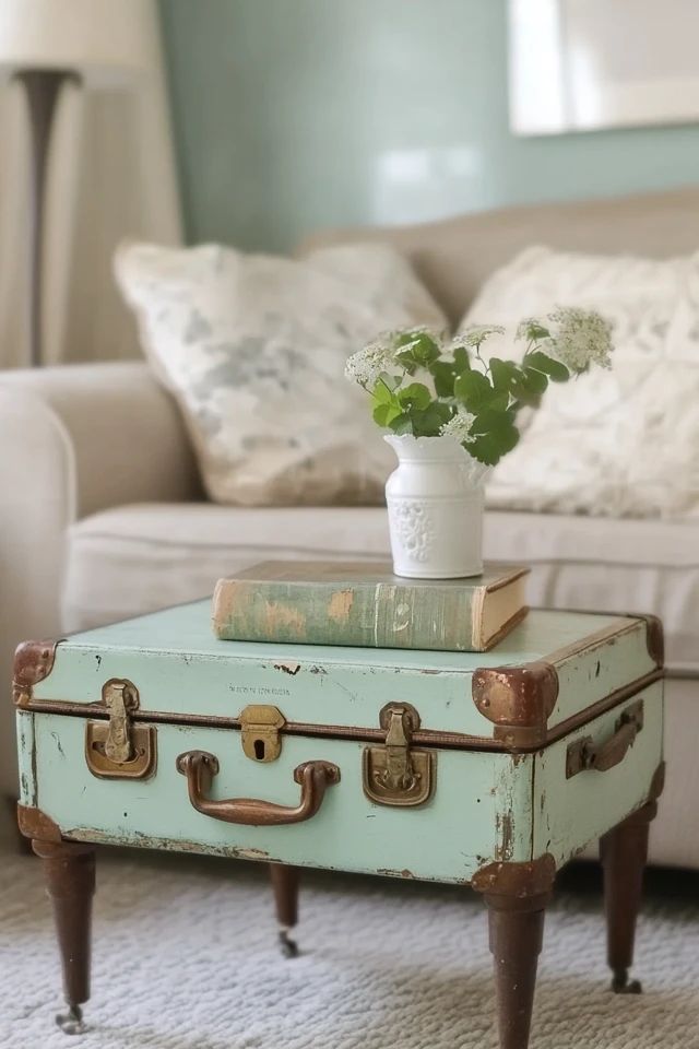 an old suitcase is used as a coffee table