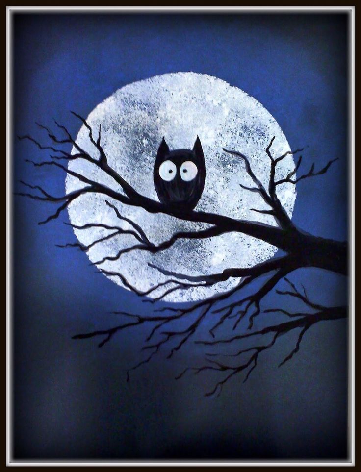 an owl sitting on a tree branch in front of a full moon with the sky blue and black