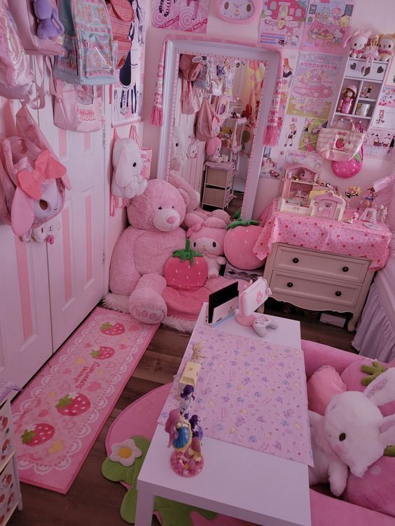 a room filled with lots of stuffed animals and toys on top of pink rugs