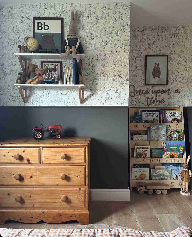 a bedroom with a dresser, bookshelf and other items on the shelves in it