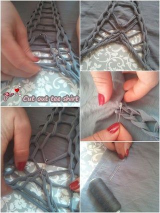 four pictures showing how to crochet an afghan with scissors and yarn on it