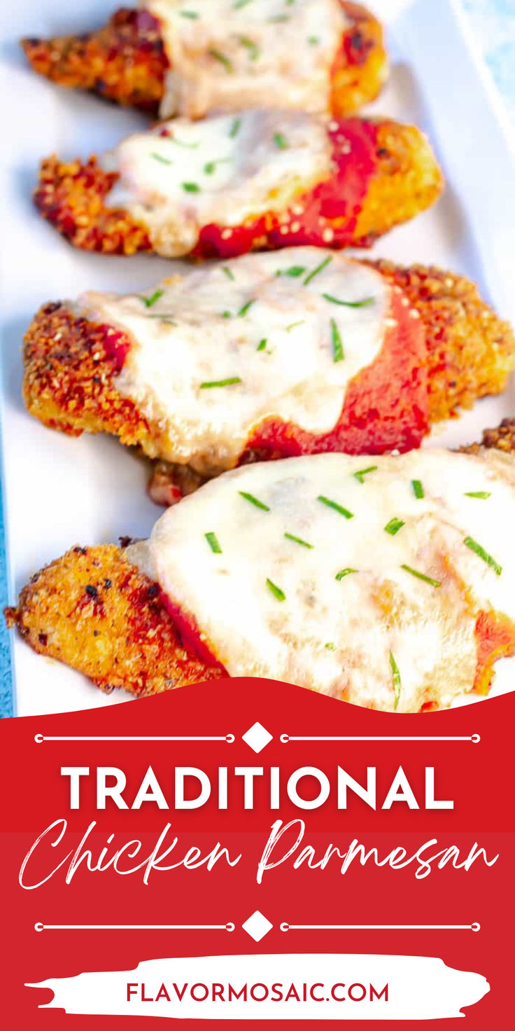 traditional chicken parmesan recipe on a white platter with text overlay that reads traditional chicken parmesan