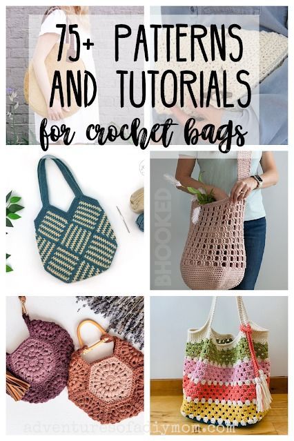 crochet bags with text overlay that reads 75 + patterns and tutors for crochet bags