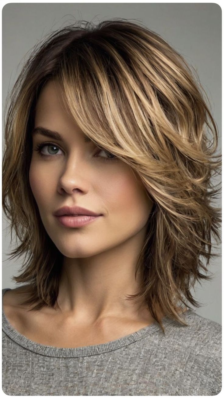 Face Framing Layers For Medium Hair, Chin Length Face Framing Layers, Layered Straight Hair Medium, Long Layers For Medium Length Hair, Layered Bangs Medium Hair, Brown Hair With Highlights And Layers, Layered Hair With Bangs Long, Multi Layer Haircut, Shoulder Length Hair With Long Layers