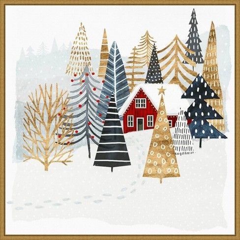 a painting with trees and houses in the snow