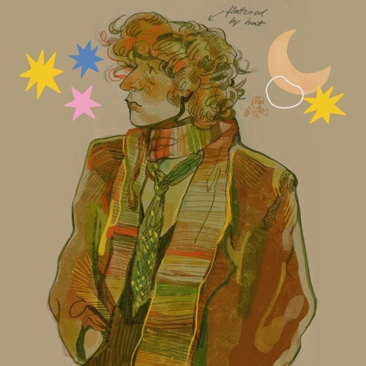 a drawing of a man with curly hair wearing a green tie and striped shirt, standing in front of stars