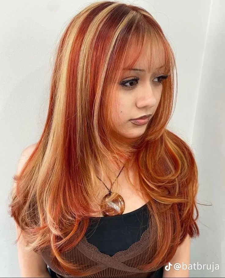 Orange Copper Hair Color, Orange Copper Hair, Skunk Hair, Amber Hair, Distressed Dress, Hair Color Orange, Red Blonde Hair, Red Hair Inspo, Hair Color Streaks