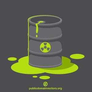 a barrel with a radioactive symbol on it sitting in the middle of some green liquid