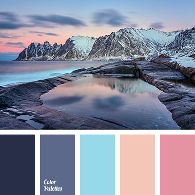 the color palette is blue, pink, and purple with mountains in the background at sunset