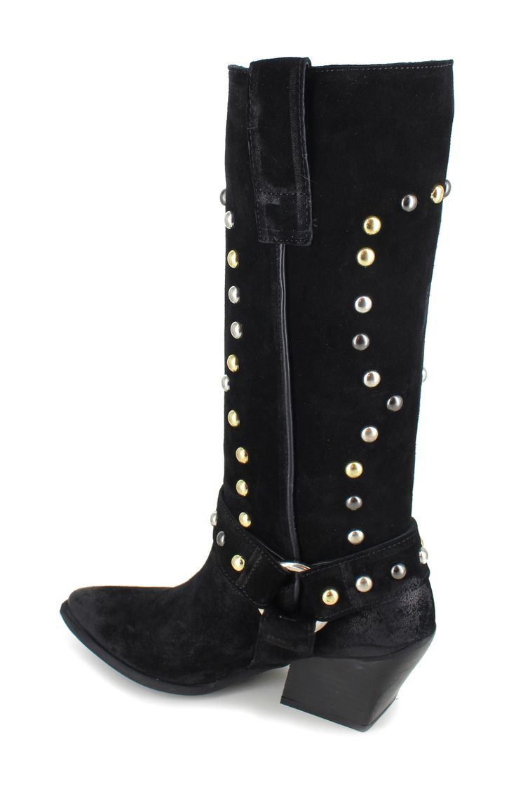 Mixed metallic studs gleam on a classic suede Western boot complete with harness hardware. 2 1/4" heel 11 1/4" shaft; 14" calf circumference Pull-on style Leather upper, lining and sole Made in Italy Black Western Boots With Rhinestone Rivets, Studded Suede Boots For Fall, Fall Suede Boots With Studs, Studded Suede Boots, Western Boots Women, Walker Shoes, Western Boot, Platform Slippers, Designer Clothes For Men