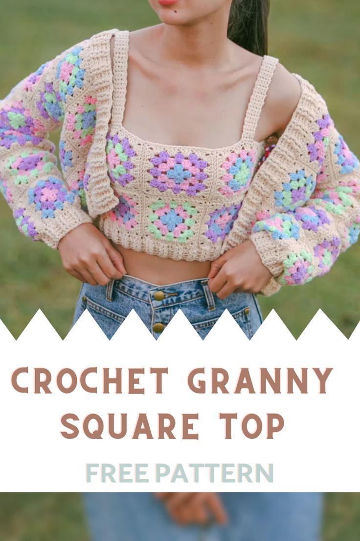 a woman wearing a crochet granny square top with her hands on her hips