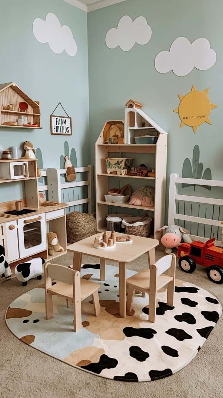 a child's play room with toys and furniture