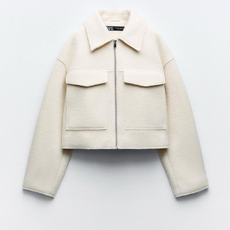 Size Xs Nwt! Never Worn Cream Short Jacket, Zara Ribbed Knit Jacket, Charlize Jacket Aritzia, Zara Cream Puffer Jacket, Zara Cream Puffer Coat, Zara Coat Cream, Zara New Collection 2020, White Long Sleeve Outerwear With Pockets, White Zara Winter Outerwear